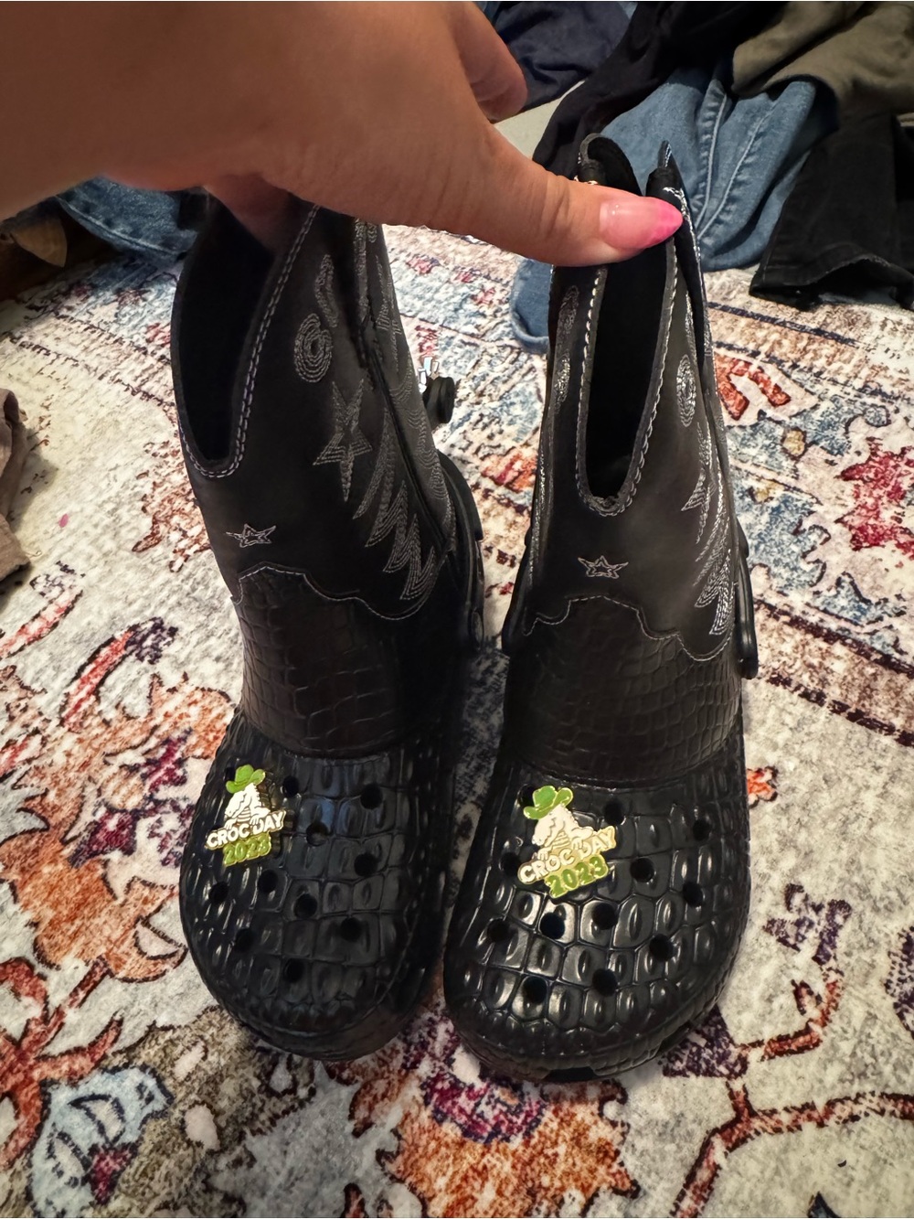 CROCS Black Croc-Texture Ankle Booties with Western Stitching